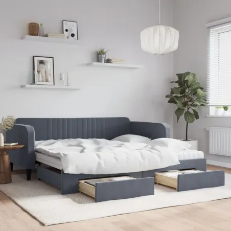 Lit de jour et gigogne et tiroirs gris foncé 100x200 cm velours