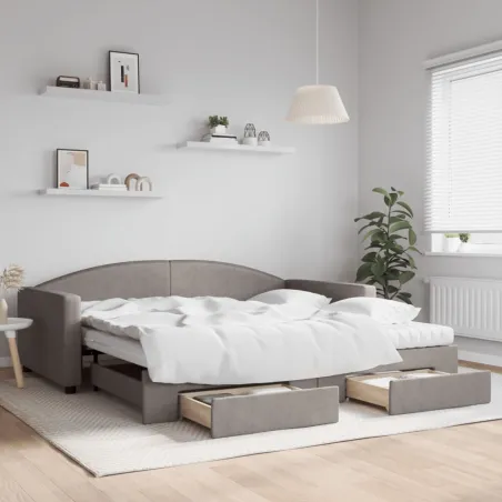 Lit de jour avec gigogne et tiroirs taupe 100x200 cm tissu