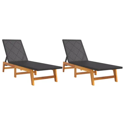 Chaises longues lot de 2 noir/marron résine tressée/bois acacia 2