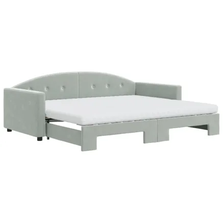 Lit de jour avec gigogne et matelas gris clair 90x200cm velours 2