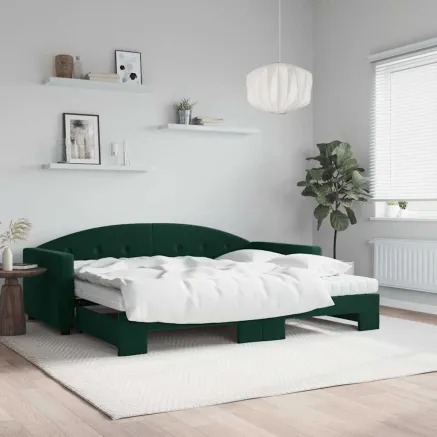 Lit de jour avec gigogne et matelas vert foncé 90x200cm velours