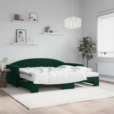 Lit de jour avec gigogne et matelas vert foncé 90x200cm velours