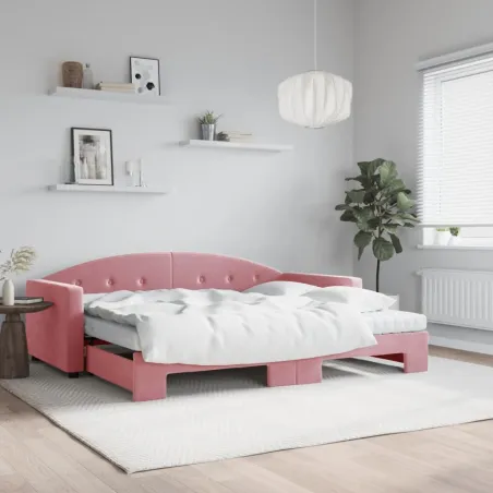 Lit de jour avec gigogne et matelas rose 90x200 cm velours