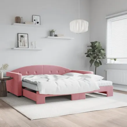 Lit de jour avec lit gigogne et matelas rose 100x200 cm velours