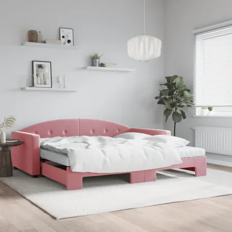 Lit de jour avec lit gigogne et matelas rose 100x200 cm velours