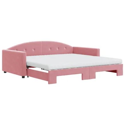 Lit de jour avec lit gigogne et matelas rose 100x200 cm velours 2