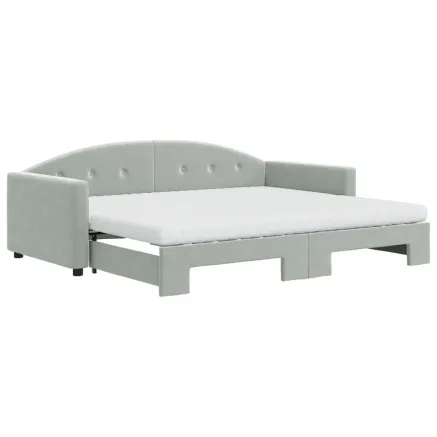Lit de jour avec gigogne et matelas gris clair 90x190cm velours 2