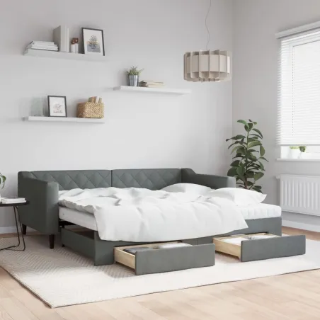 Lit de jour avec gigogne et tiroirs gris foncé 90x190 cm tissu
