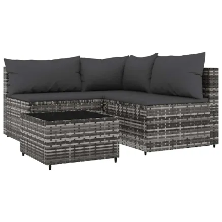 Salon de jardin 4 pcs avec coussins Gris Résine tressée 2