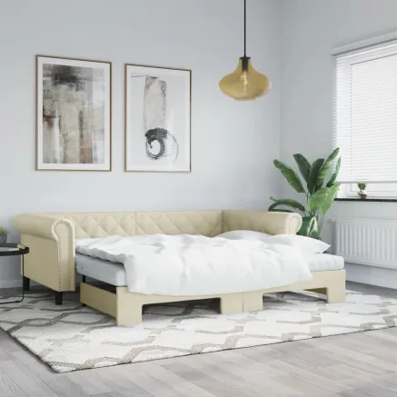 Lit de jour avec gigogne et matelas crème 90x200 cm similicuir