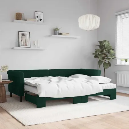 Lit de jour avec gigogne et matelas vert foncé 80x200cm velours