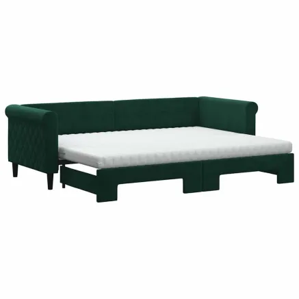 Lit de jour avec gigogne et matelas vert foncé 80x200cm velours 2