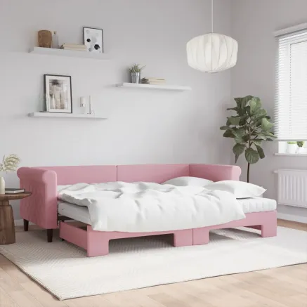 Lit de jour avec lit gigogne et matelas rose 80x200 cm velours