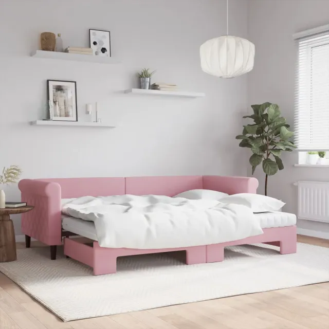 Lit de jour avec lit gigogne et matelas rose 80x200 cm velours