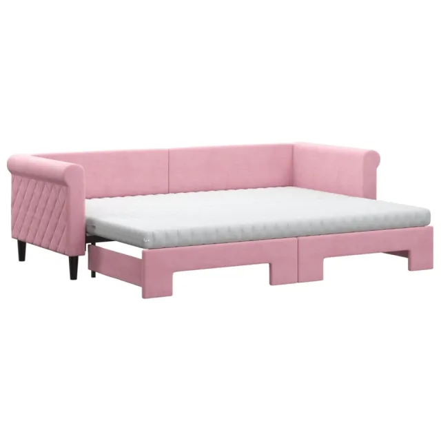 Lit de jour avec lit gigogne et matelas rose 80x200 cm velours