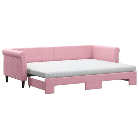 Lit de jour avec lit gigogne et matelas rose 80x200 cm velours