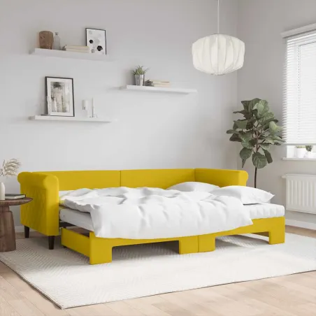 Lit de jour avec lit gigogne et matelas jaune 80x200 cm velours