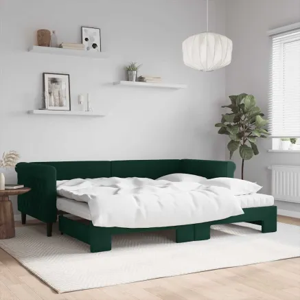 Lit de jour avec gigogne et matelas vert foncé 90x200cm velours