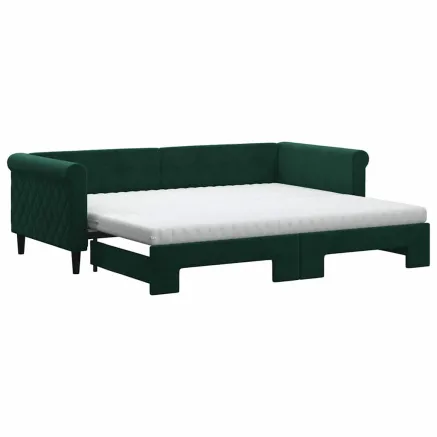 Lit de jour avec gigogne et matelas vert foncé 90x200cm velours 2