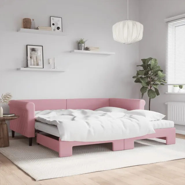 Lit de jour avec lit gigogne et matelas rose 100x200 cm velours