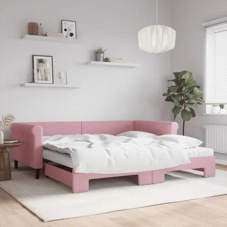 Lit de jour avec lit gigogne et matelas rose 100x200 cm velours