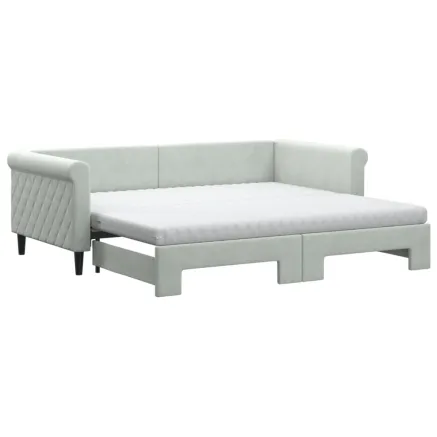 Lit de jour avec gigogne et matelas gris clair 90x190cm velours 2