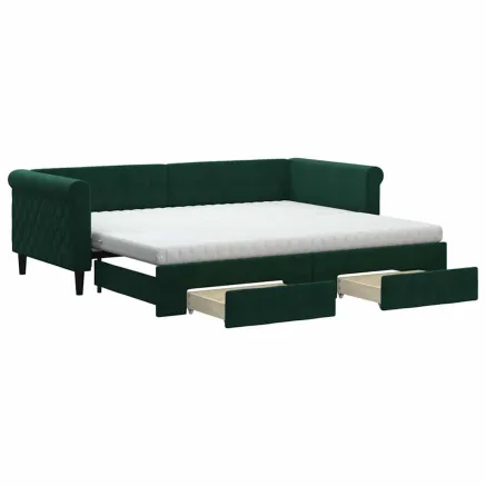 Lit de jour avec gigogne et tiroirs vert foncé 90x200cm velours 2