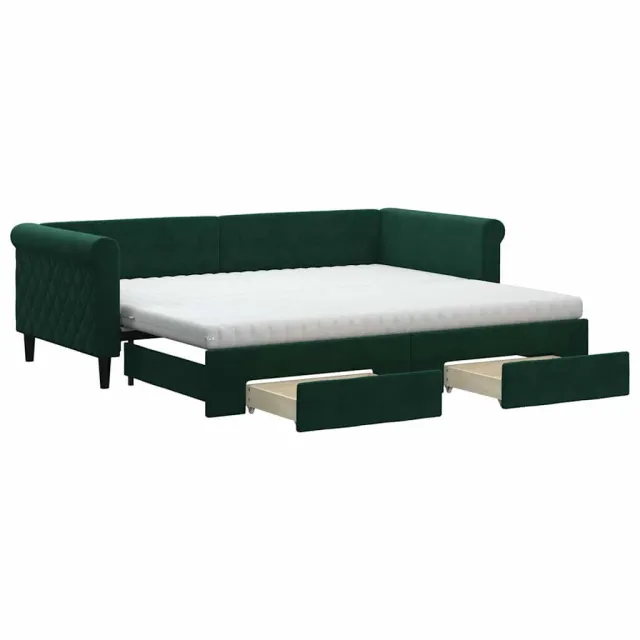 Lit de jour avec gigogne et tiroirs vert foncé 90x200cm velours