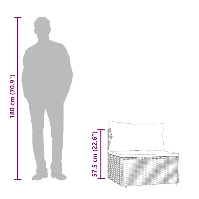 Canapé central de jardin avec coussins noir résine tressée