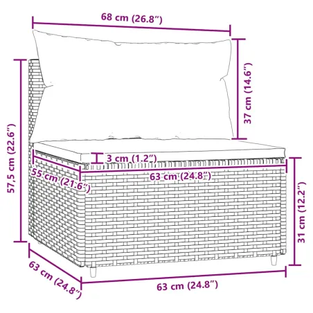 Canapé central de jardin avec coussins noir résine tressée