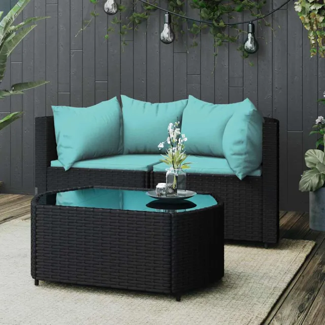 Salon de jardin 3 pcs avec coussins Noir Résine tressée