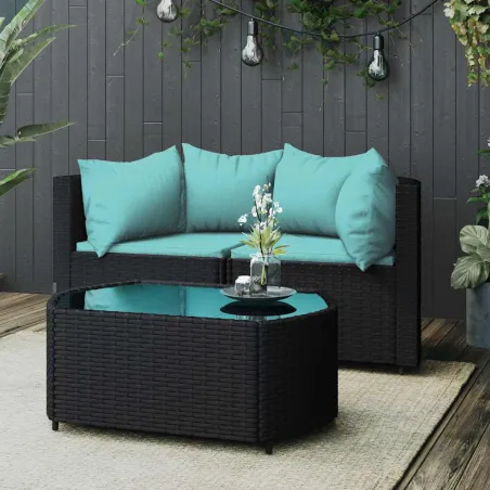 Salon de jardin 3 pcs avec coussins Noir Résine tressée