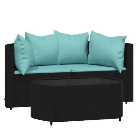 Salon de jardin 3 pcs avec coussins Noir Résine tressée 2