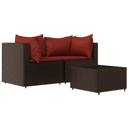 Salon de jardin 3 pcs avec coussins marron résine tressée 2