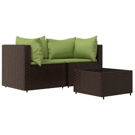 Salon de jardin 3 pcs avec coussins marron résine tressée 2
