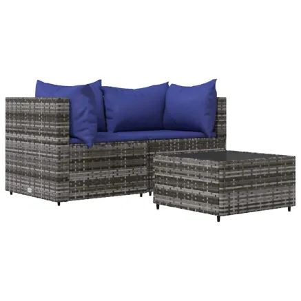 Salon de jardin 3 pcs avec coussins Gris Résine tressée 2