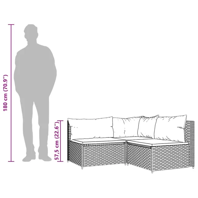 Salon de jardin 3 pcs avec coussins Gris Résine tressée