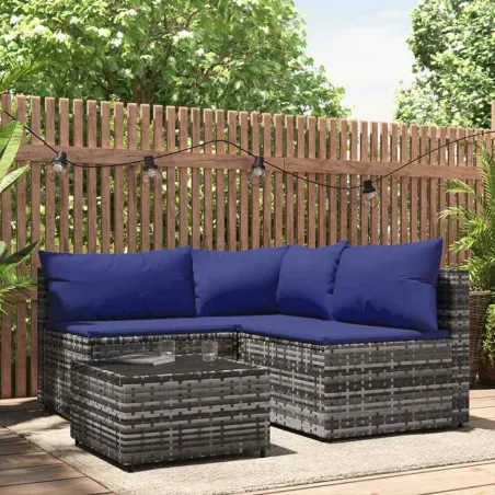 Salon de jardin 4 pcs avec coussins Gris Résine tressée