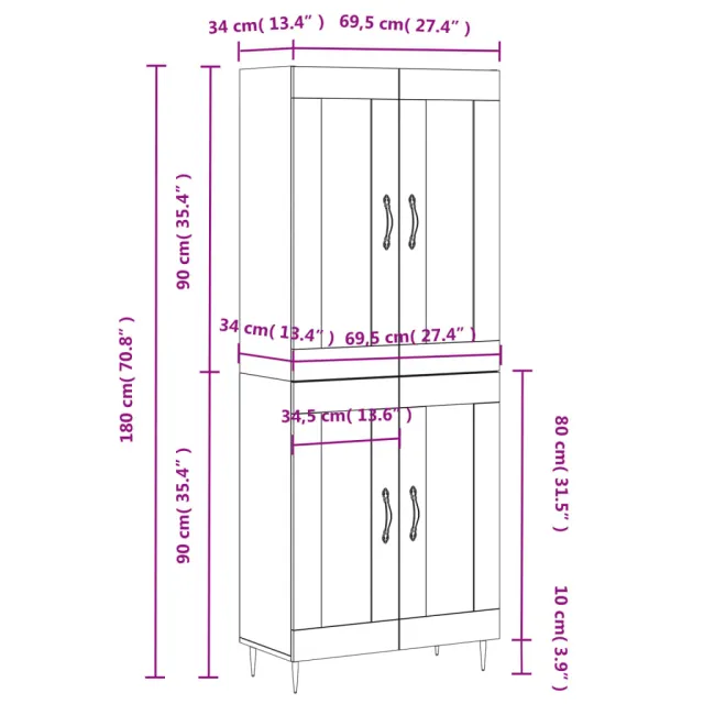 Buffet haut Gris béton 69,5x34x180 cm Bois d'ingénierie
