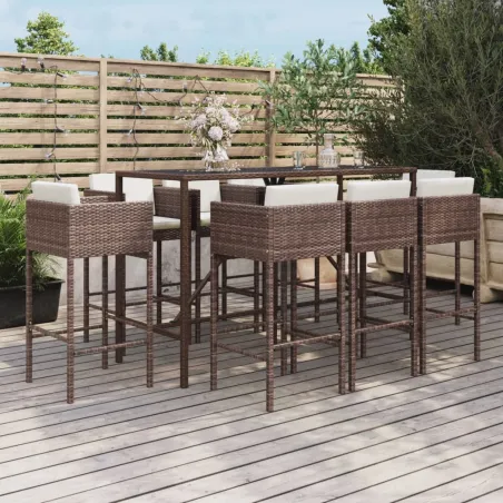 Ensemble de bar de jardin 9 pcs avec coussins marron poly rotin