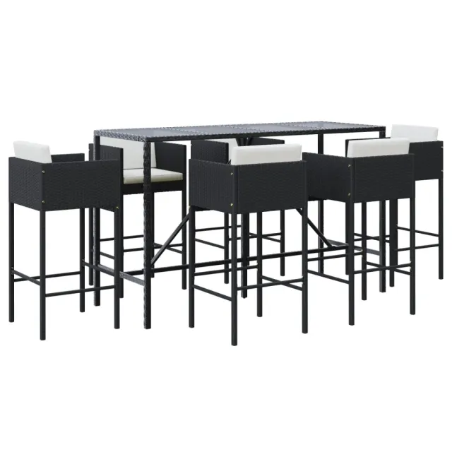 Ensemble de bar de jardin 7 pcs avec coussins noir poly rotin