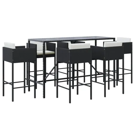 Ensemble de bar de jardin 7 pcs avec coussins noir poly rotin