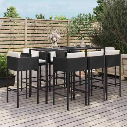 Ensemble de bar de jardin 9 pcs avec coussins noir poly rotin