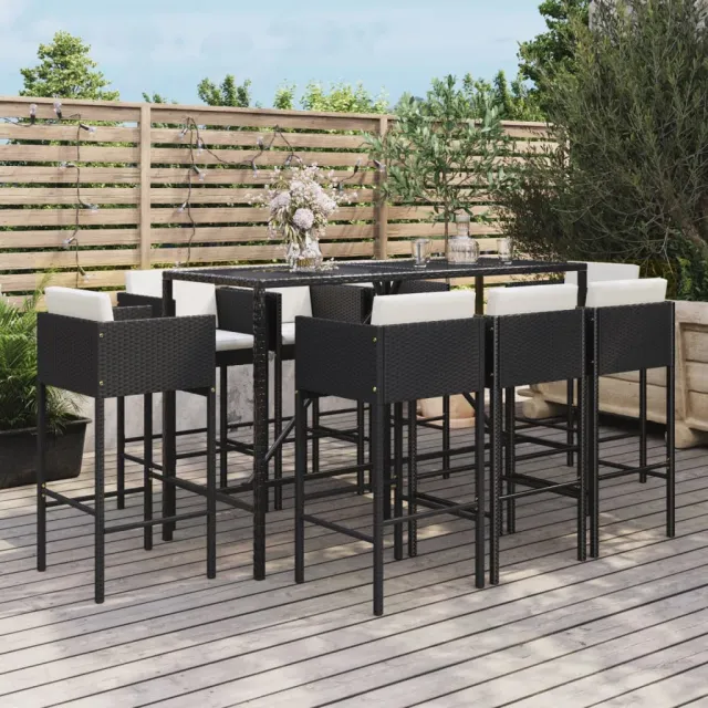 Ensemble de bar de jardin 9 pcs avec coussins noir poly rotin
