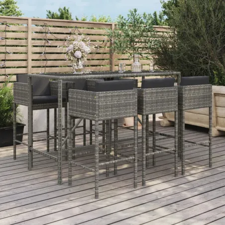 Ensemble de bar de jardin 7 pcs avec coussins gris poly rotin