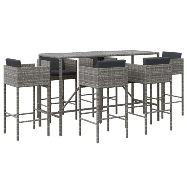 Ensemble de bar de jardin 7 pcs avec coussins gris poly rotin