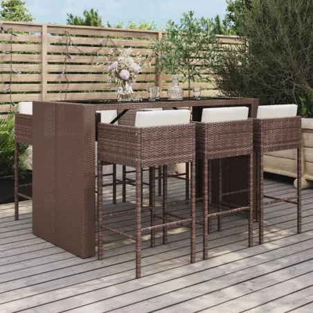Ensemble de bar de jardin avec coussins 7 pcs marron poly rotin