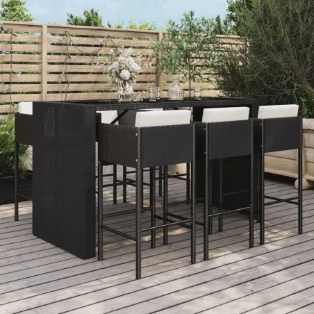 Ensemble de bar de jardin 7 pcs avec coussins noir poly rotin