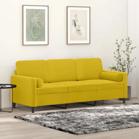 Canapé 3 places avec oreillers décoratifs jaune 180 cm velours