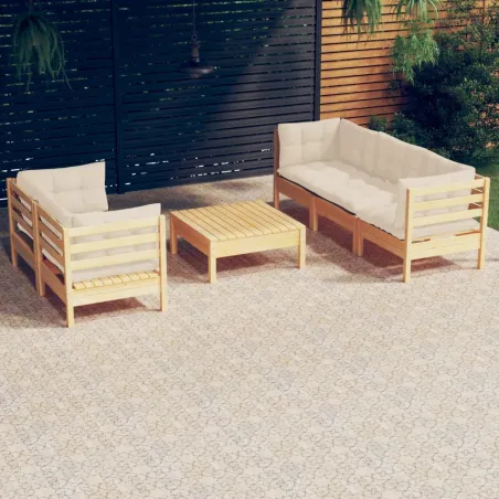 Salon de jardin 6 pcs avec coussins crème bois de pin